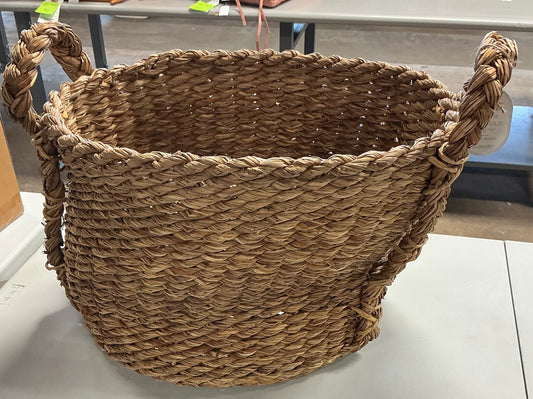 Large chunky weave basket - 16.93” (H) x 14.57” (W) x 16.14” (D) - AS IS - SOME MINOR COSMETIC FLAWS - ONE HANDLE IS NOT TIED - PICK UP ONLY