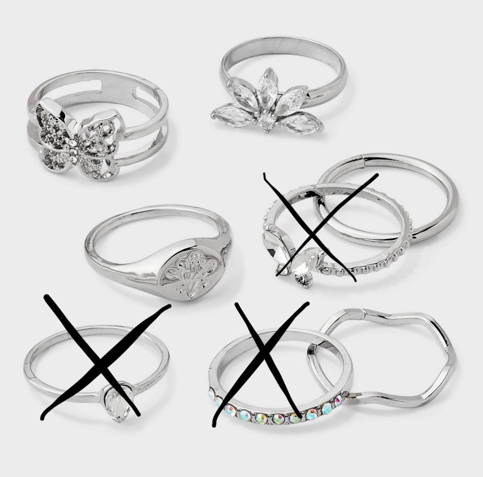 Silver-tone ring set featuring assorted designs-As Is