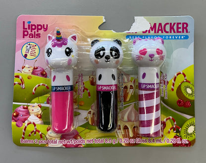Lip Smacker 3 pieces Lippy Pals lip balms featuring Unicorn Magic, Cuddly Cream Puff Panda, and Sweet Kiwi Kitty flavors
