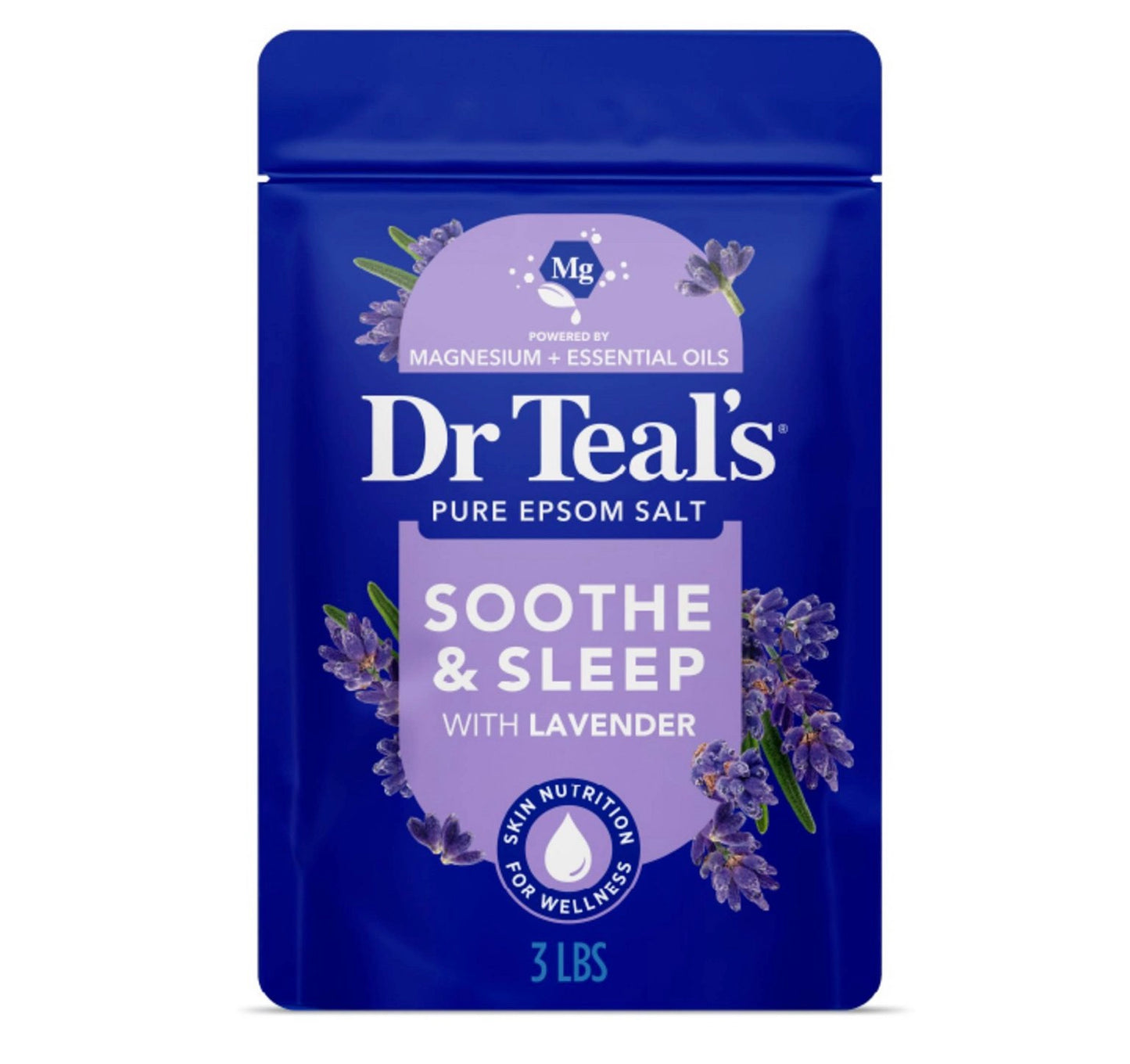 3-pound bag of Dr Teal's Soothe & Sleep Pure Epsom Salt soaking solution featuring lavender essential oils