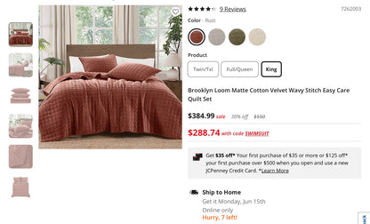 Brooklyn Loom Matte Cotton Velvet Wavy Stitch Easy Care Quilt Set king 3-piece