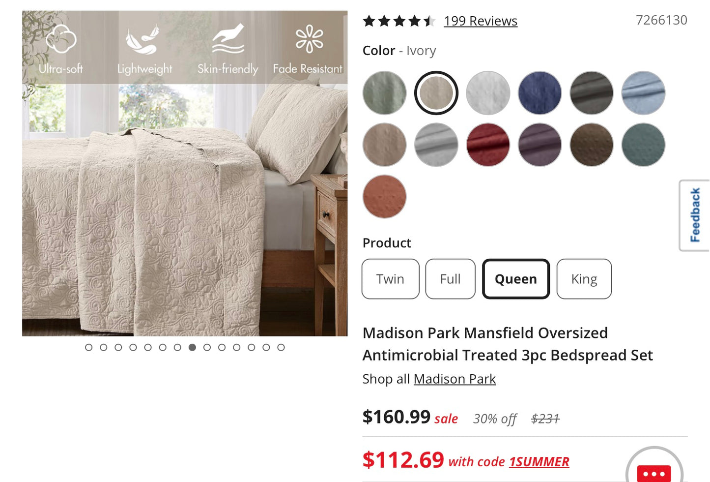 Madison Park Mansfield Oversized Antimicrobial Treated 3 Pieces Quilted Bedspread Set Queen-Ivory