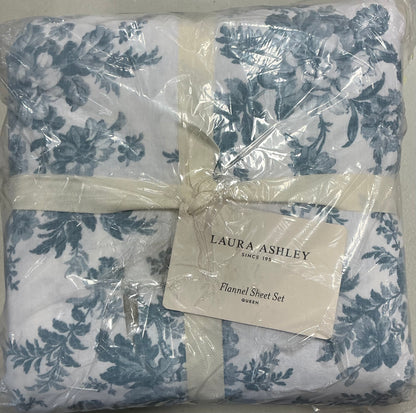 Laura Ashley 100% Cotton Brushed Flannel 4 Pieces Sheet Set Queen-Included(1 Fitted Sheet,2 Pillowcase,1 Flat Sheet)-Blue/White