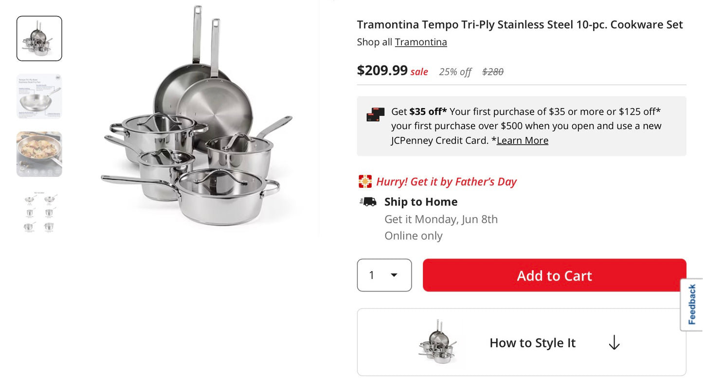 Tramontina Tempo Tri-Ply Stainless Steel 10-pc. Cookware Set