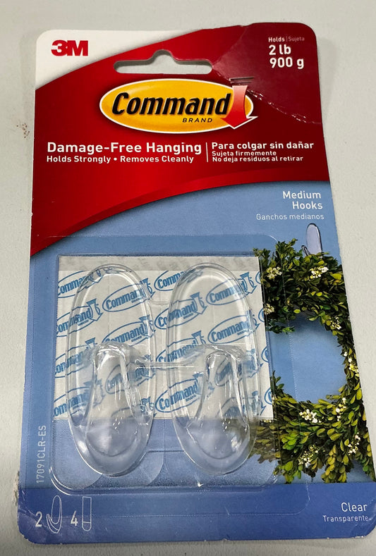 3M Command Medium Clear Hooks designed to hold up to 2 pounds