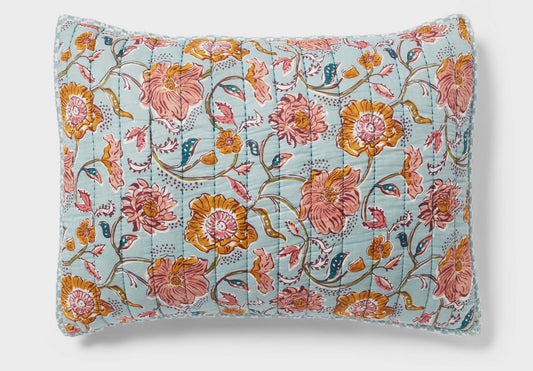 Threshold standard-size pillow sham featuring an earthy vines floral print in teal, mustard yellow, and pink