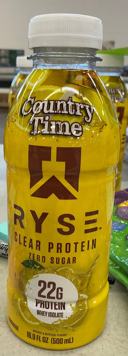 RYSE Clear Protein Ready-To-Drink bottle featuring Country Time Lemonade flavor, containing 22g of whey protein isolate and zero sugar