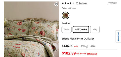 Edens Floral Print 3 Pieces Quilt Set Full/Queen-Included(1 Quilt and 2 Standard Shams)-Green