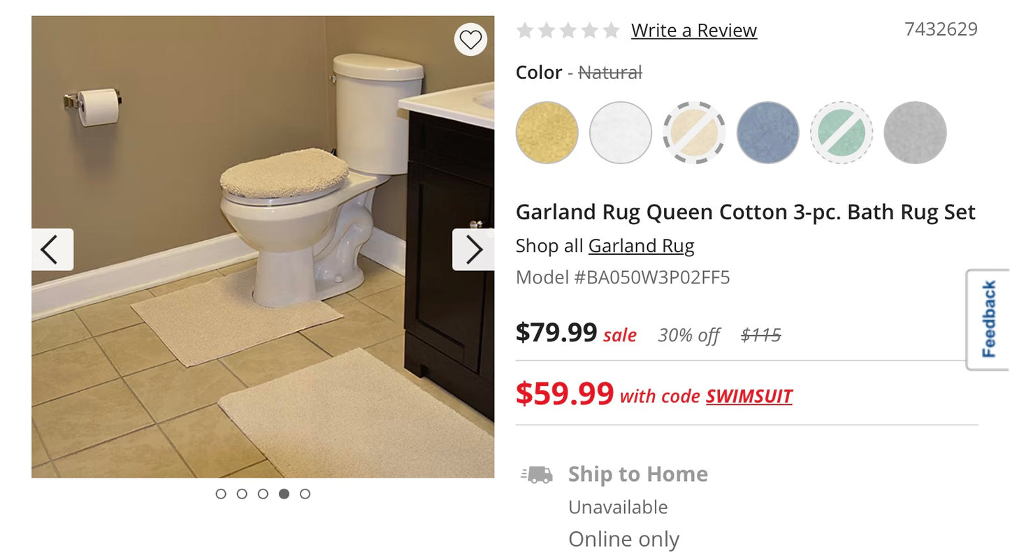 Garland Rug Queen Cotton 3 Pieces Bath Rug Set-Included(1 21”x34”Bath Rug,1 Standard Lid Cover,1 21”x24”Contour Bath Rug)-Color(Natural)
