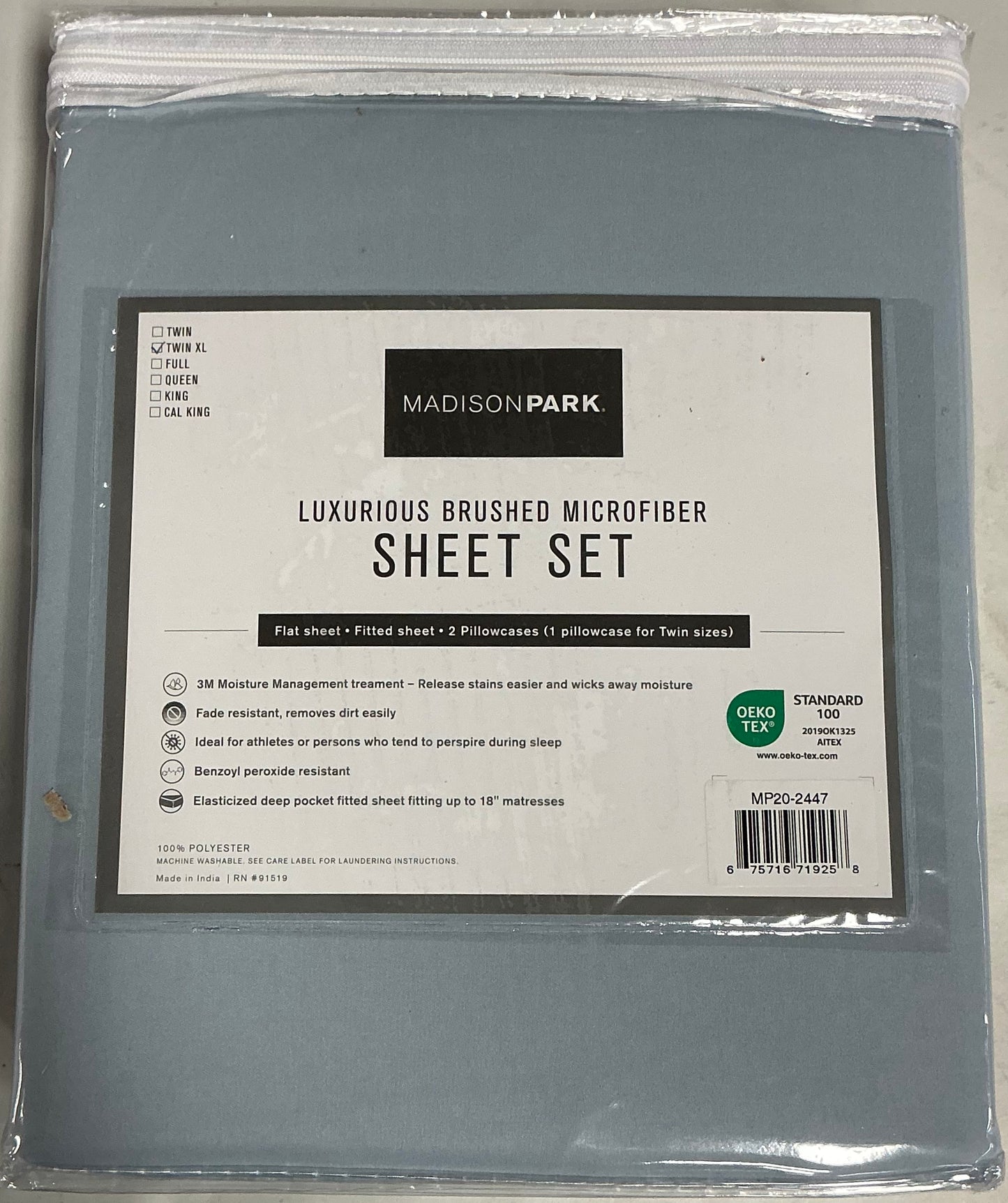Madison Park 3M Moisture Management Deep Pocket 3 Pieces Sheet Set Twin XL-Included(1 Flat Sheet,1 Fitted Sheet,1 Pillowcase)-Light Blue