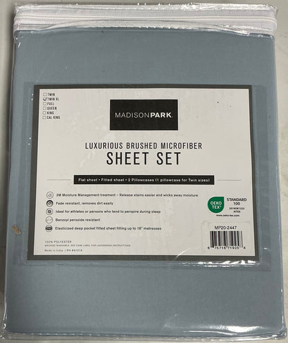 Madison Park 3M Moisture Management Deep Pocket 3 Pieces Sheet Set Twin XL-Included(1 Flat Sheet,1 Fitted Sheet,1 Pillowcase)-Light Blue