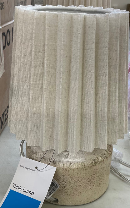Mini Faux-Wood Lamp with a pleated beige shade