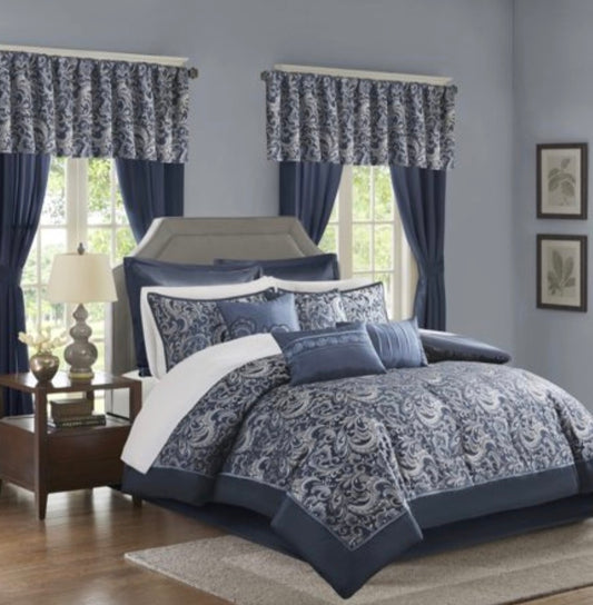 Madison Park Essentials Brystol 24 Piece Room in a Bag featuring a navy and gray jacquard paisley pattern size king