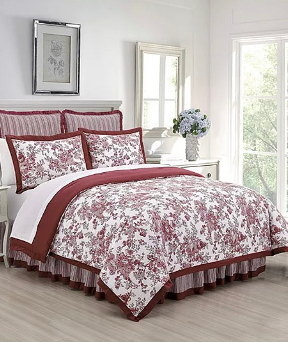 Laurel Manor Toile Garden Comforter Set 4 Pieces Queen-Includes(1 comforter, 1 Bed skirt, 2 Shams)-Red
