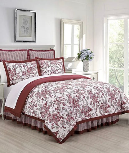 Laurel Manor Toile Garden Comforter Set 4 Pieces Queen-Includes(1 comforter, 1 Bed skirt, 2 Shams)-Red