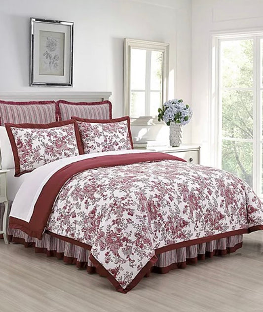 Laurel Manor Toile Garden Comforter Set 4 Pieces Queen-Includes(1 comforter, 1 Bed skirt, 2 Shams)-Red