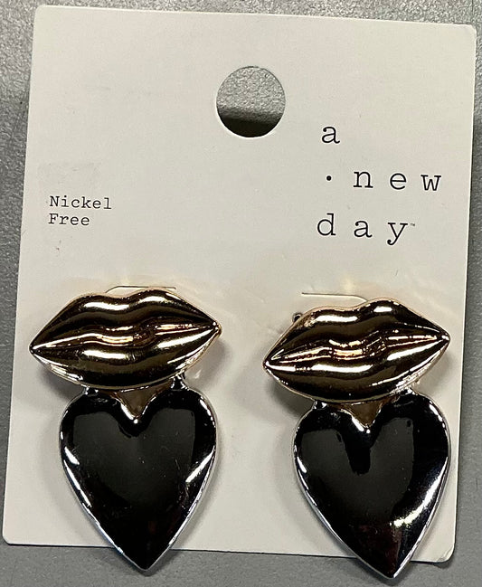 Lip and heart dangle earrings featuring a nickel-free design