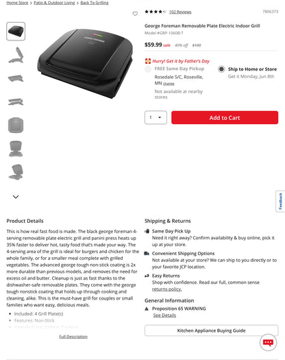George Foreman Removable Plate Electric Indoor Grill - Open Box