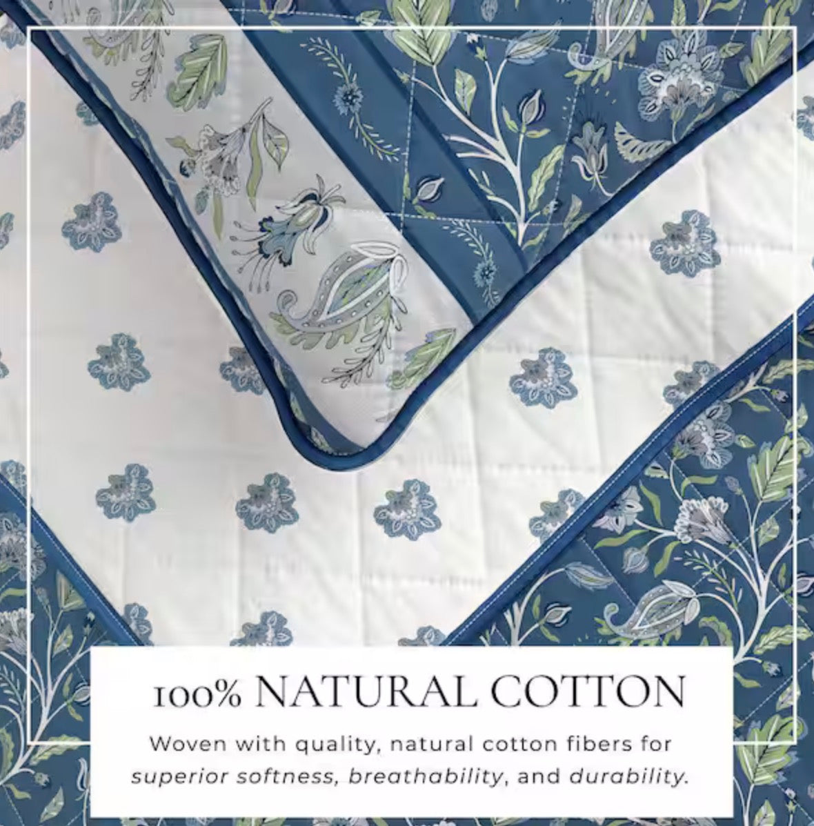 Blue Floral and Border Printed 3-Piece King Cotton Quilt Bedding Set