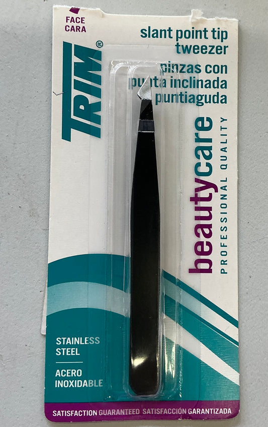 Trim Beauty Care Slant/Point Tip Tweezers made of stainless steel.