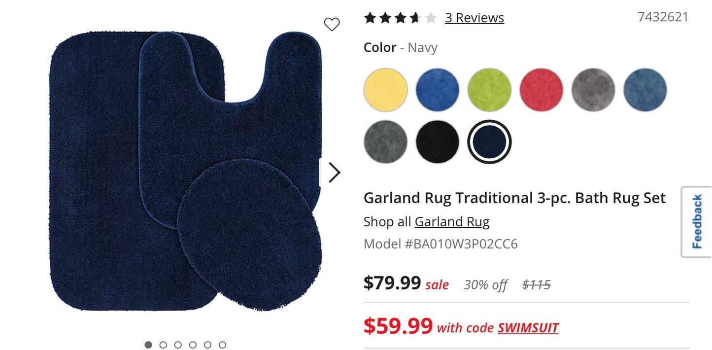 Garland Rug Traditional 3 Pieces Bath Rug Set-Included(1 21”x24”Contour Bath Rug,1 Standard Lid Cover,1 21”x34”Bath Rug)-Navy