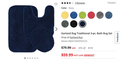 Garland Rug Traditional 3 Pieces Bath Rug Set-Included(1 21”x24”Contour Bath Rug,1 Standard Lid Cover,1 21”x34”Bath Rug)-Navy