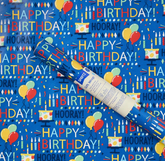 96”x30” Happy Birthday Hooray, balloon & cake gift wrapping paper blue