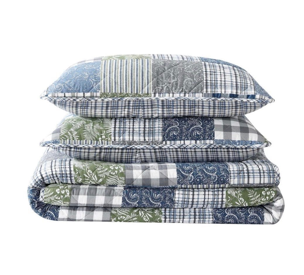 Eddie Bauer Cozy Plaid Patchwork Cotton Quilt Set 3 pieces Full/Queen-Color( Blue/Green)