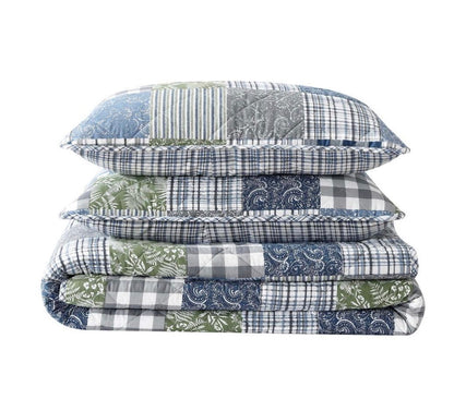 Eddie Bauer Cozy Plaid Patchwork Cotton Quilt Set 3 pieces Full/Queen-Color( Blue/Green)