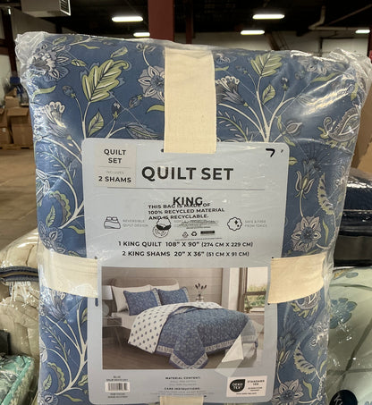 Blue Floral and Border Printed 3-Piece King Cotton Quilt Bedding Set