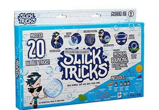 Little Kids Slick Tricks Master It! bubble kit featuring various tools for performing bubble tricks