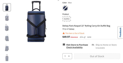 Delsey Paris Raspail 22" Rolling Carry-On Duffel Bag color black