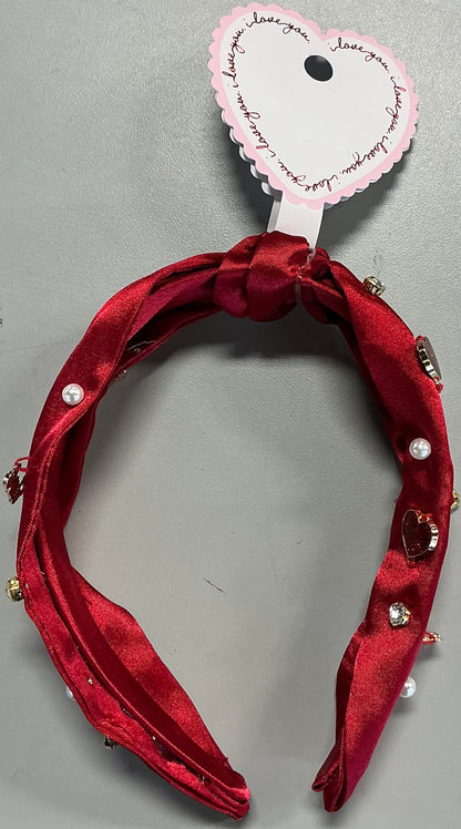 Red satin headband with heart charms and faux pearls