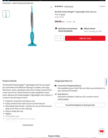 BISSELL Featherweight Lightweight Stick Vacuum - Open Box