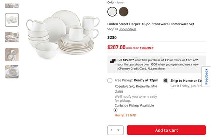 Linden Street Harper 16-pc. Stoneware Dinnerware Set color ivory