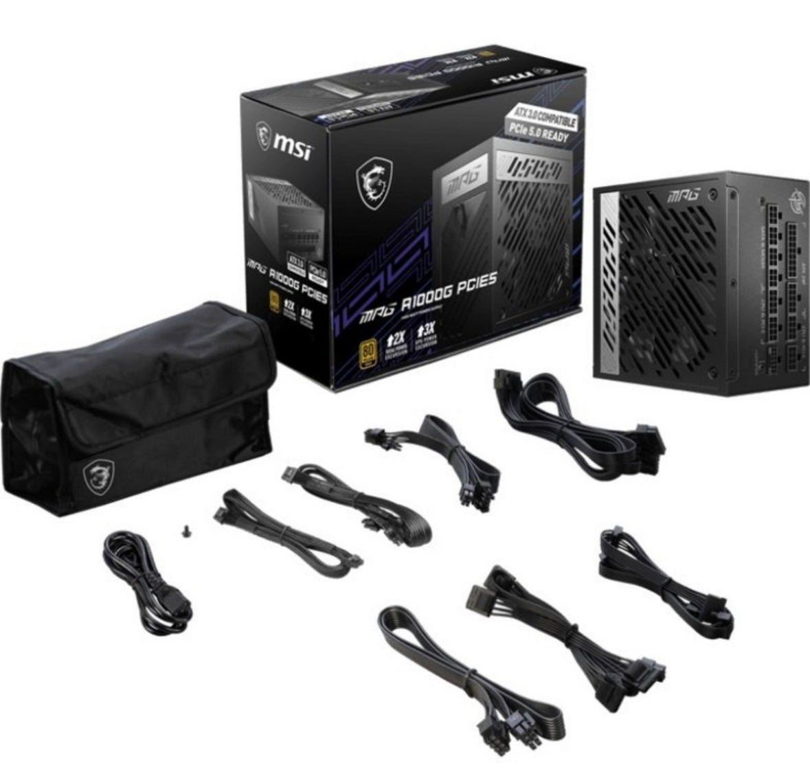 MSI MPG 1000W Power Supply - Internal - 5 V DC @ 22 A, 3.3 V DC @ 20 A, 5 V DC @
3 A, 12 V DC @ 83.5A, - 12 V DC @ 0.3 A Output - 1000 W - 1 +12V Rails