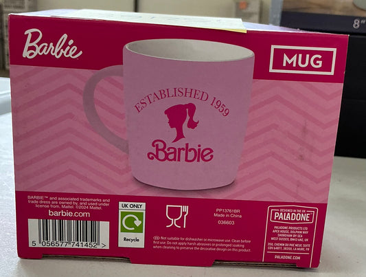 Paladone Barbie Classic Mug featuring a pink design with the Barbie logo and silhouette