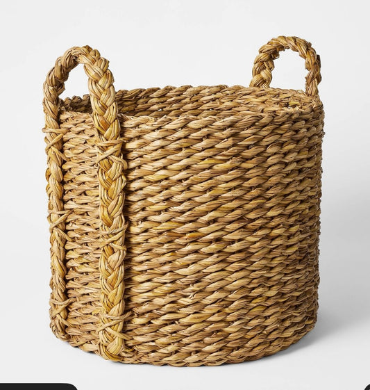 Large chunky weave basket - 16.93” (H) x 14.57” (W) x 16.14” (D) - AS IS - SOME MINOR COSMETIC FLAWS - ONE HANDLE IS NOT TIED - PICK UP ONLY