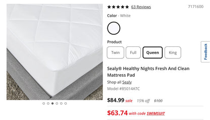 Sealy® Healthy Nights Fresh And Clean Mattress Pad 80”x60”-White