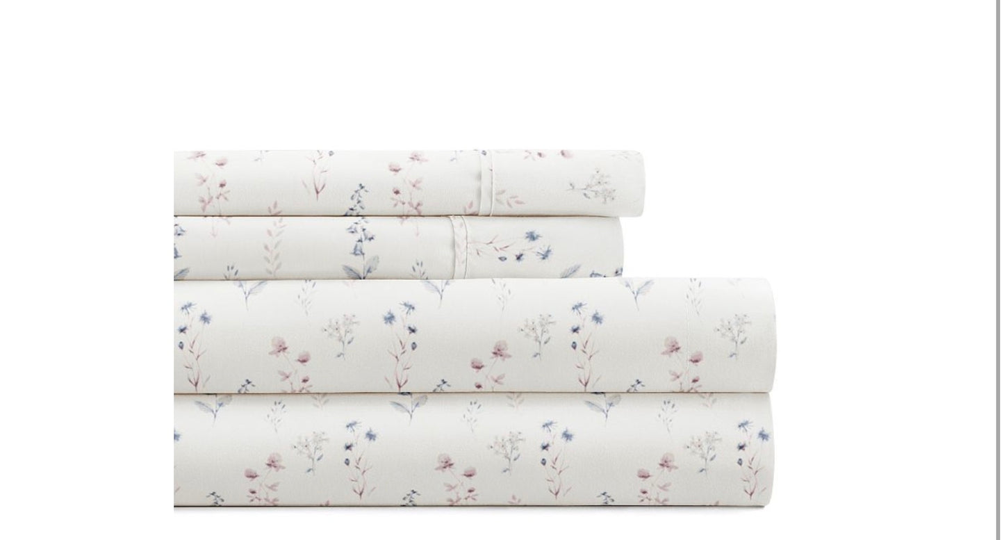 Homespun Premium Ultra Soft Floral 4-Piece Bed Sheet Set with a delicate botanical pattern.king