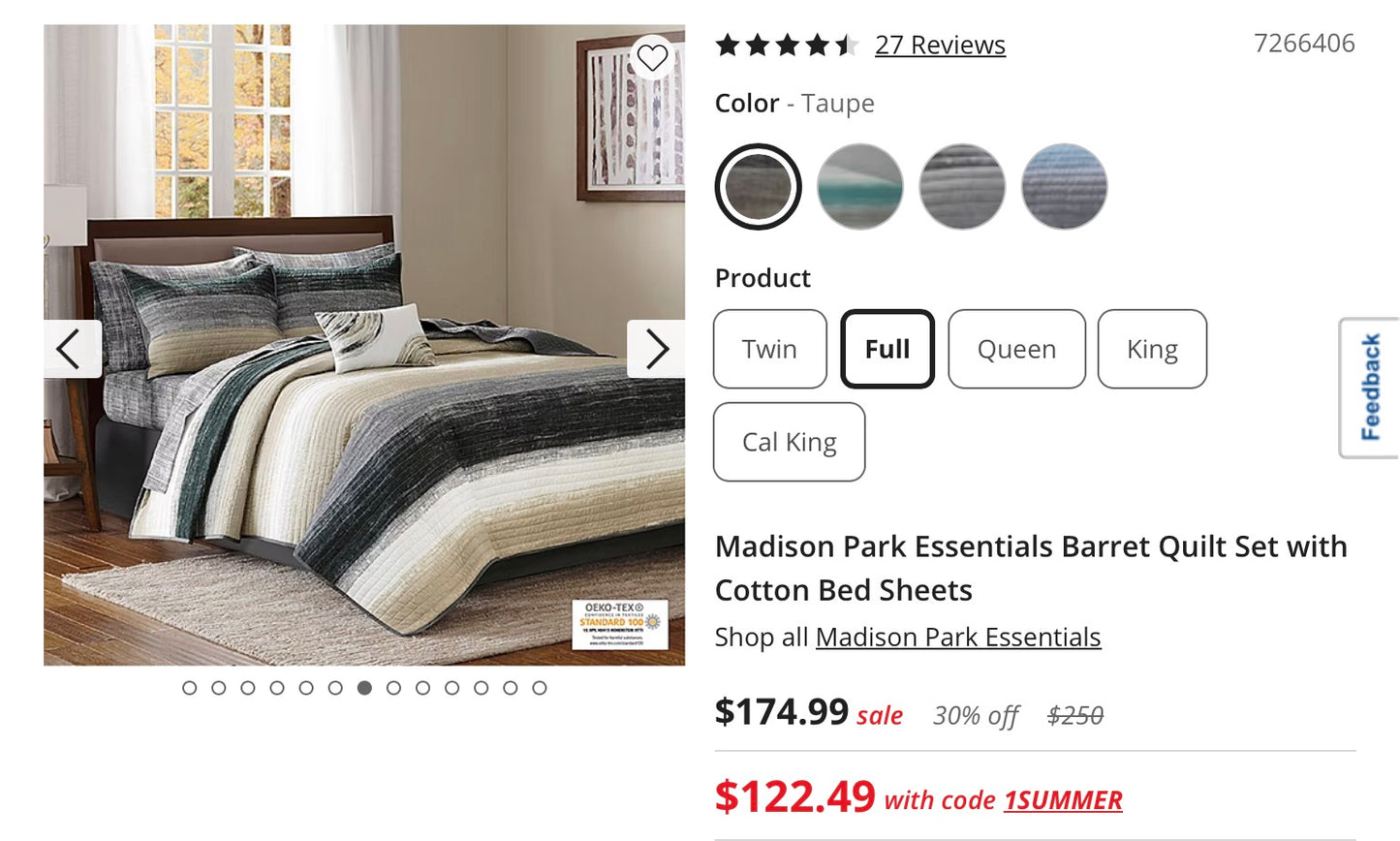 Madison Park Essentials Barret 8 Pieces Quilt Set with Cotton Bed Sheets Full-Included(1 Quilt,1 Flat Sheet,1 Fitted Sheet,2 Shams,2 Pillowcases and 1 Decorative Pillow)-Taupe