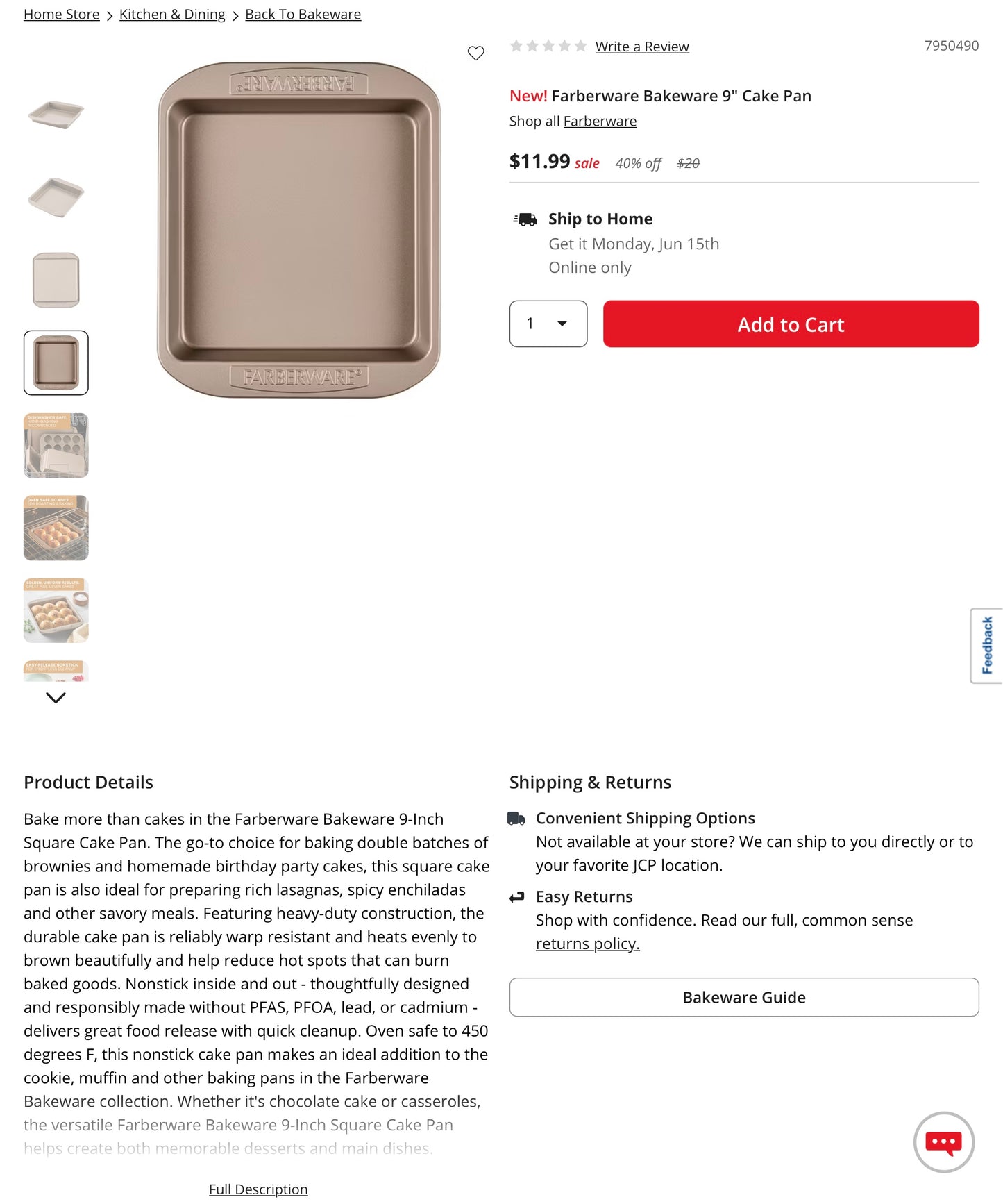 Faberware Bakeware 9” Cake Pan