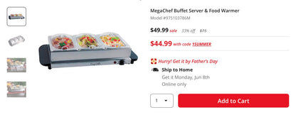 MegaChef Buffet Server & Food Warmer, Measurements: 6 Height/Inches, 9.6 Width/Inches, 21 Depth/Inches