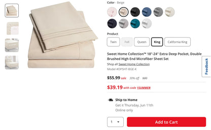 Sweet Home Collection™ 18"-24" Extra Deep Pocket, Double Brushed High End Microfiber Sheet Set king