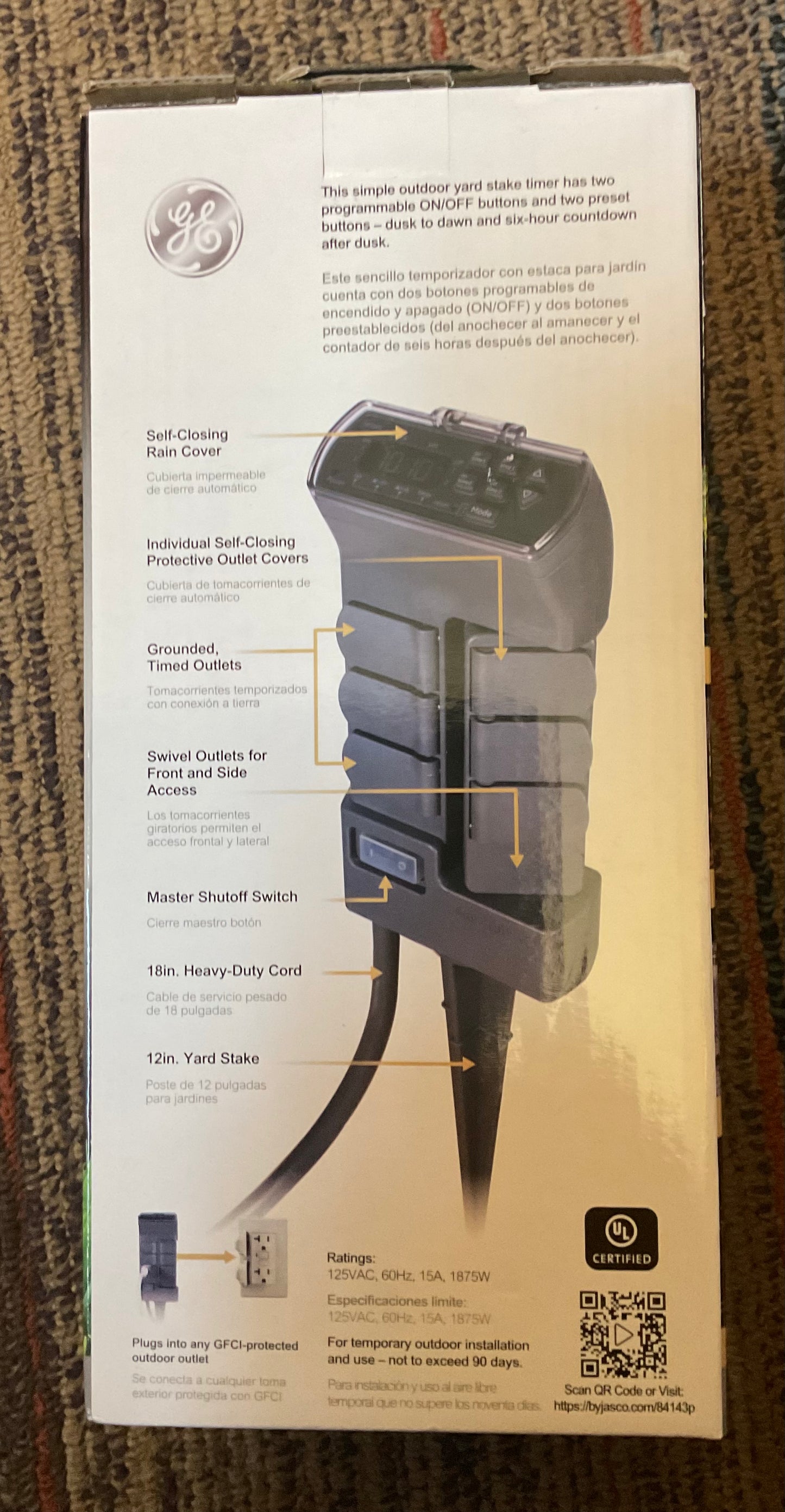 (Clearance) FINAL SALE- GE Outdoor Digital Stake Timer 6 Grounded Outlet Dusk to Dawn Photocell On/Off 2 Setting 18" Cord: Green Plastic, 1-
Year Warranty