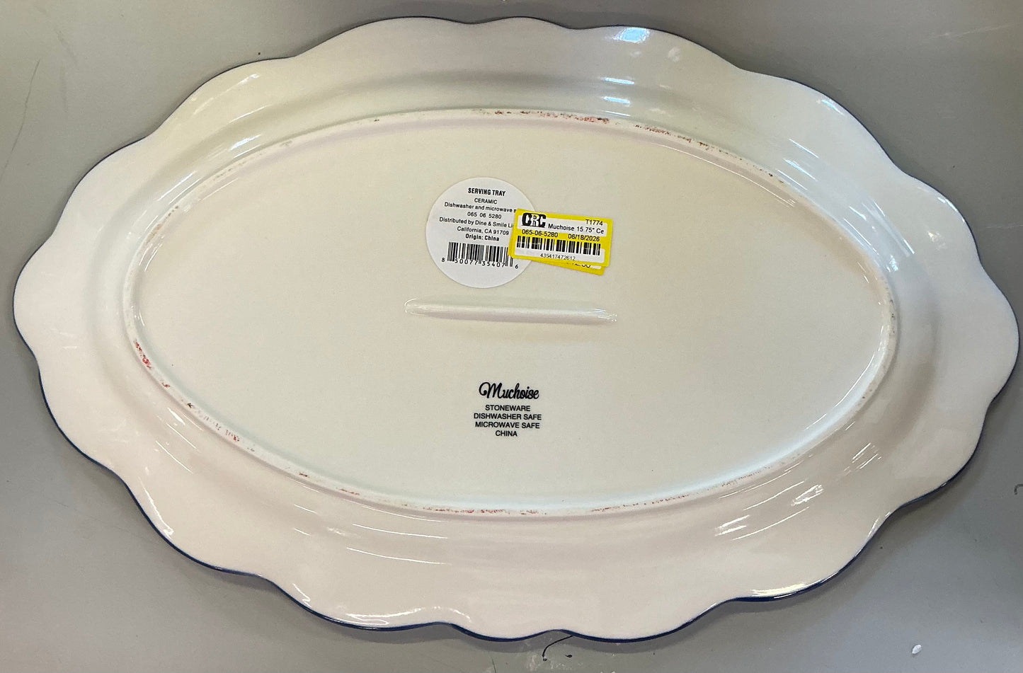 Mulhouse 15.75” ceramic oval serving tray white/blue edge