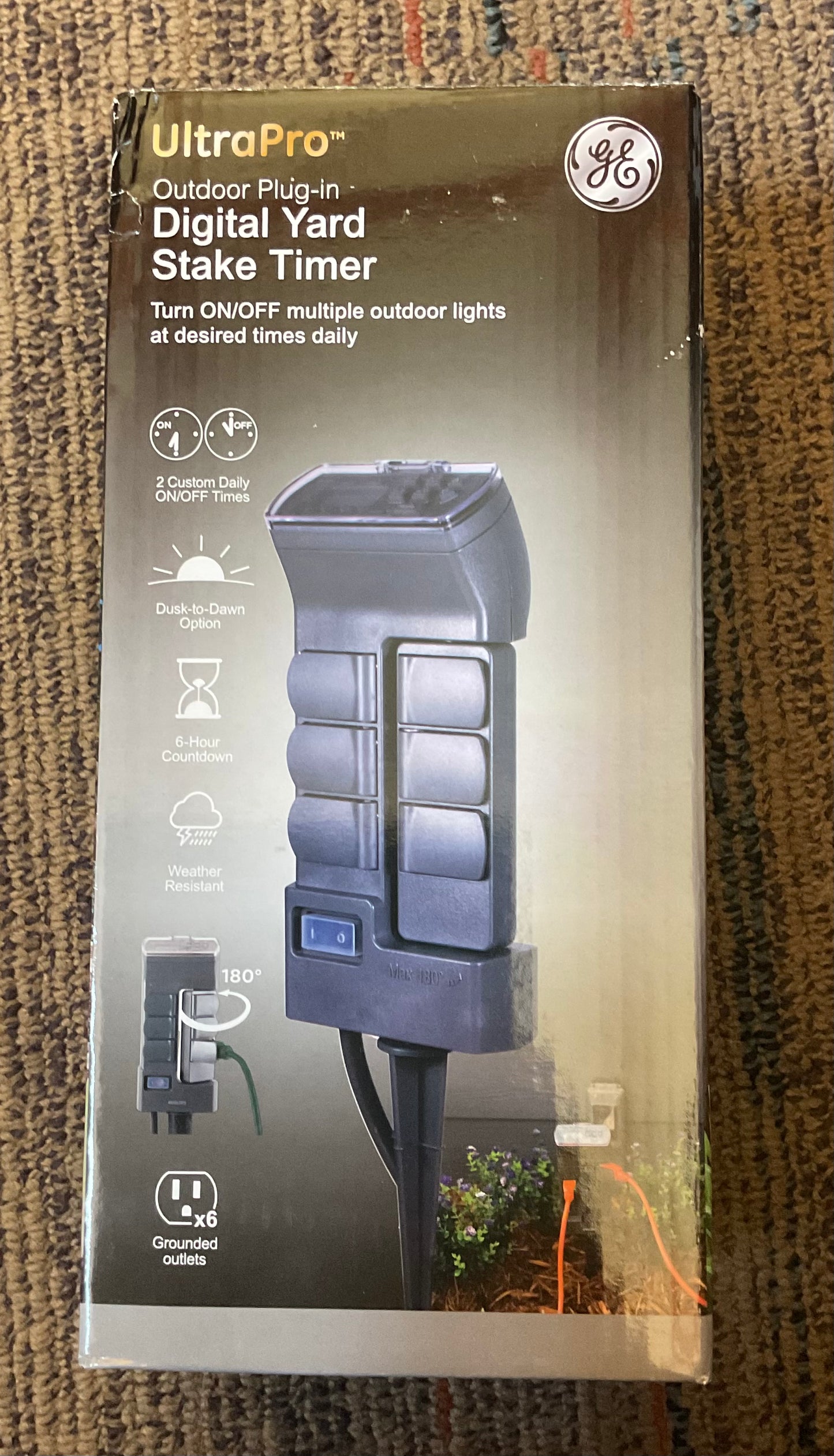 (Clearance) FINAL SALE- GE Outdoor Digital Stake Timer 6 Grounded Outlet Dusk to Dawn Photocell On/Off 2 Setting 18" Cord: Green Plastic, 1-
Year Warranty