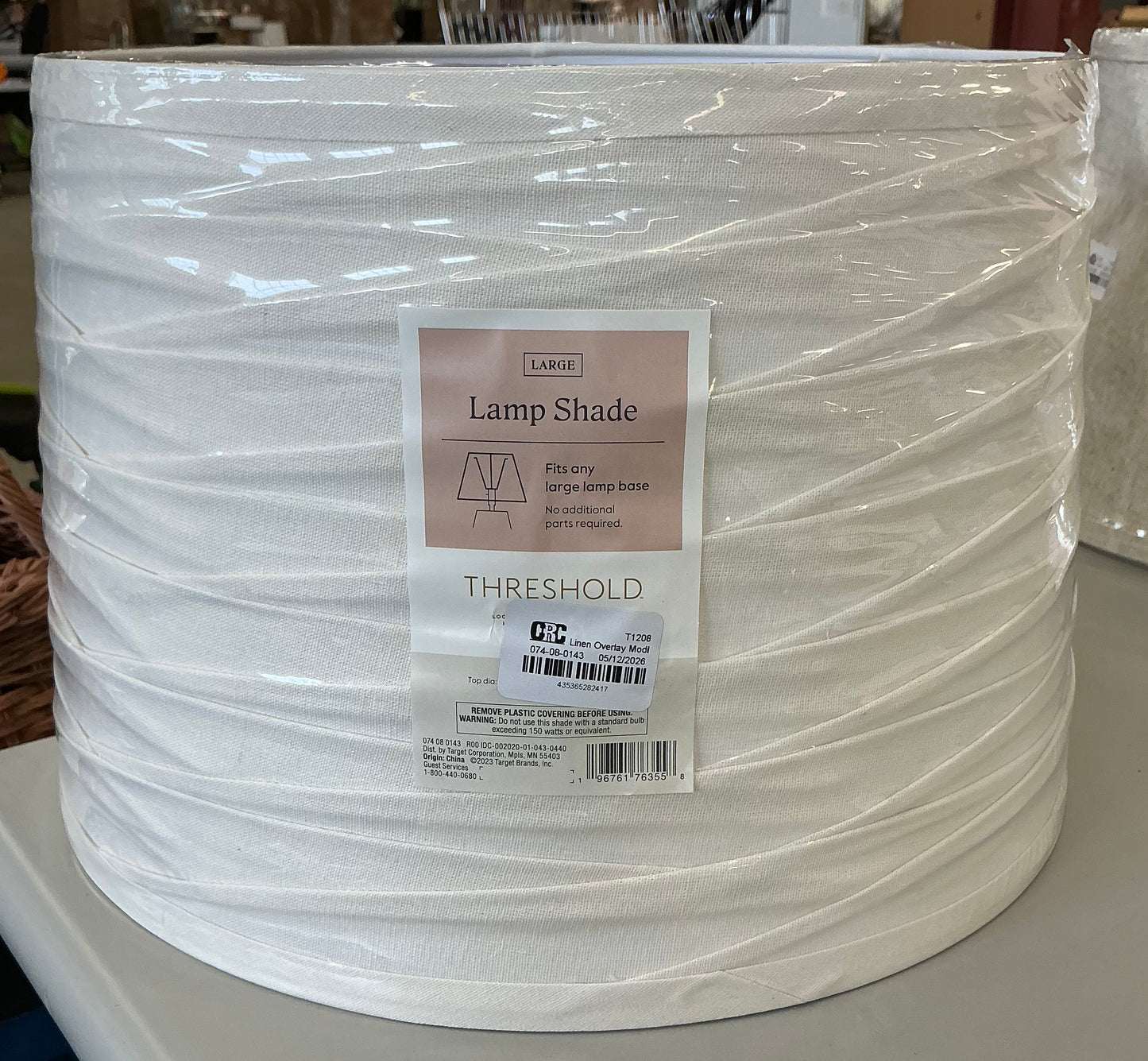 Large white drum linen lamp shade 15x10in cream linen overlay