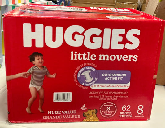 62-count package of Huggies Little Movers baby diapers in size 8