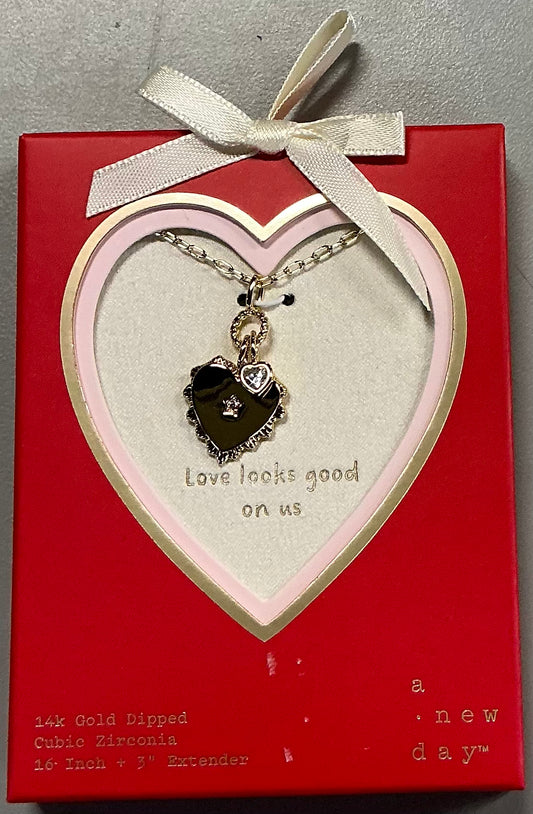 14k gold-dipped heart locket necklace with cubic zirconia accent